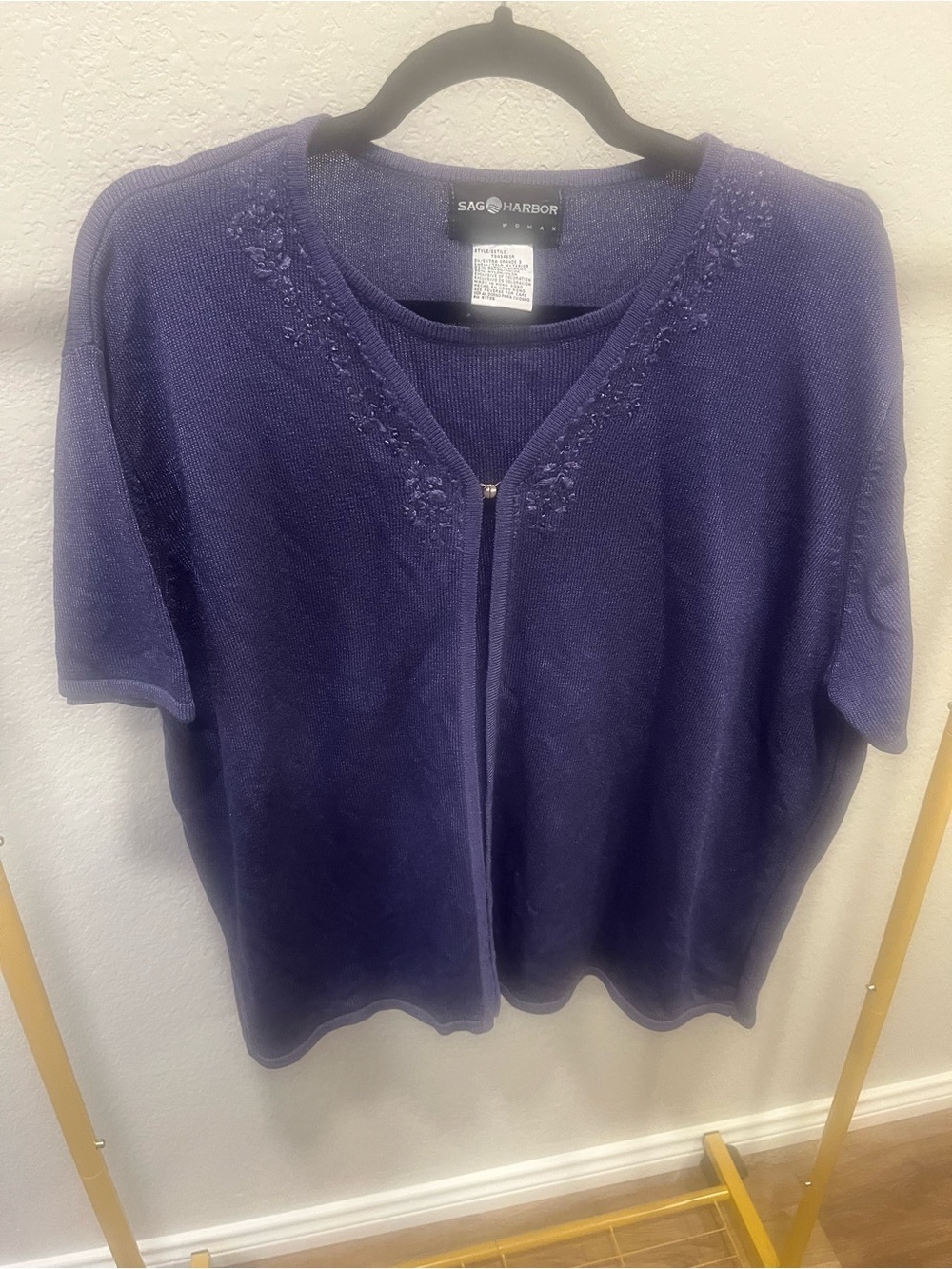 Sag Harbor Woman Purple Short Sleeve Knit Cardigan/Top Embellished V Neck 3X